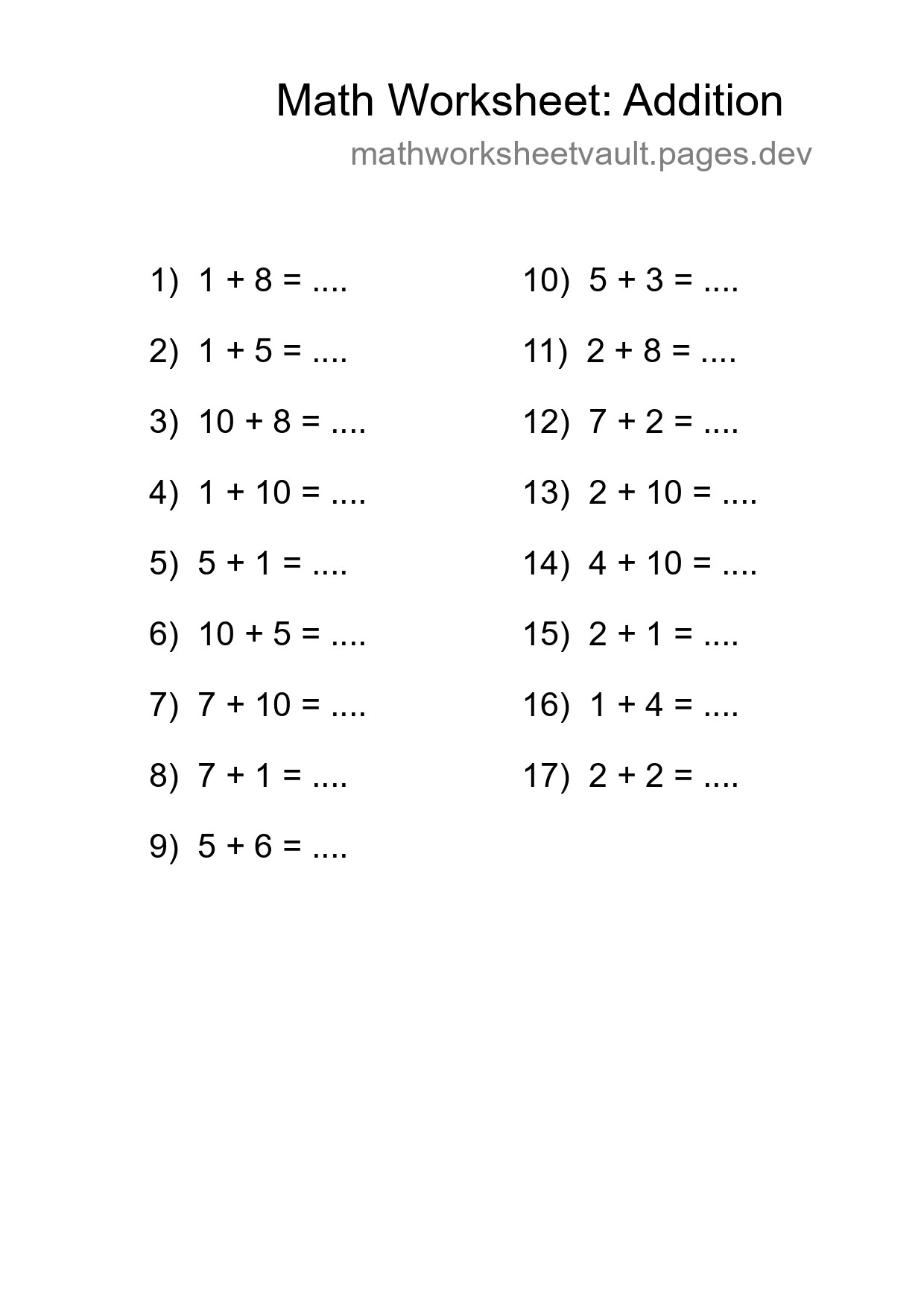 Printable Free 17 Addition Math Worksheet For Grade 1 - Part 71