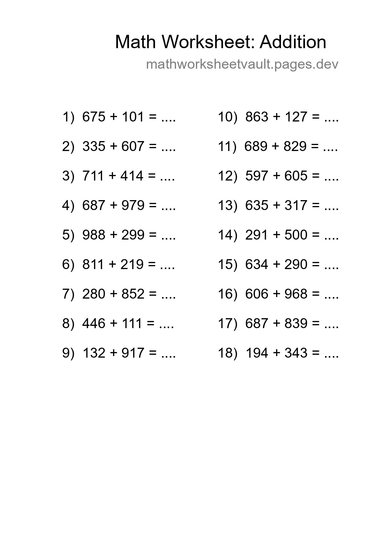 Printable Free 18 Addition Math Worksheet For Grade 5 - Part 201