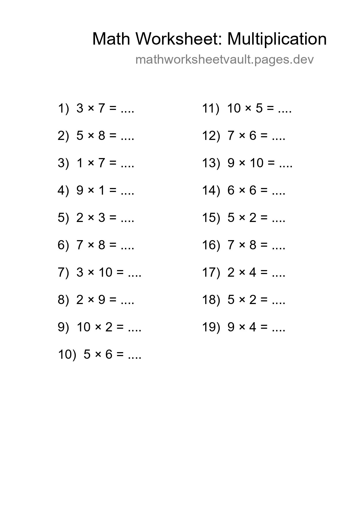 Printable Free 19 Multiplication Math Worksheet For Grade 1 - Part 57