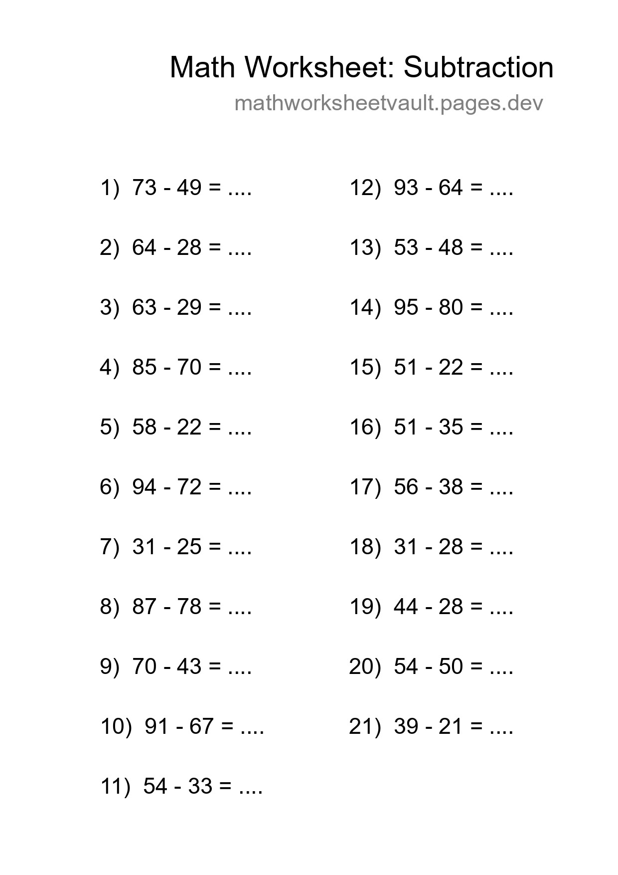 Printable Free 21 Subtraction Math Worksheet For Grade 3 - Part 28