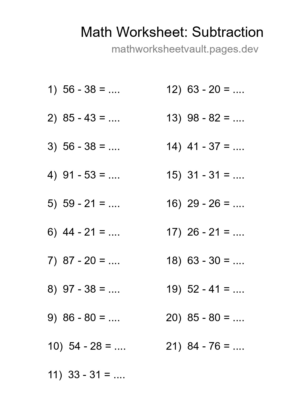 Printable Free 21 Subtraction Math Worksheet For Grade 3 - Part 48