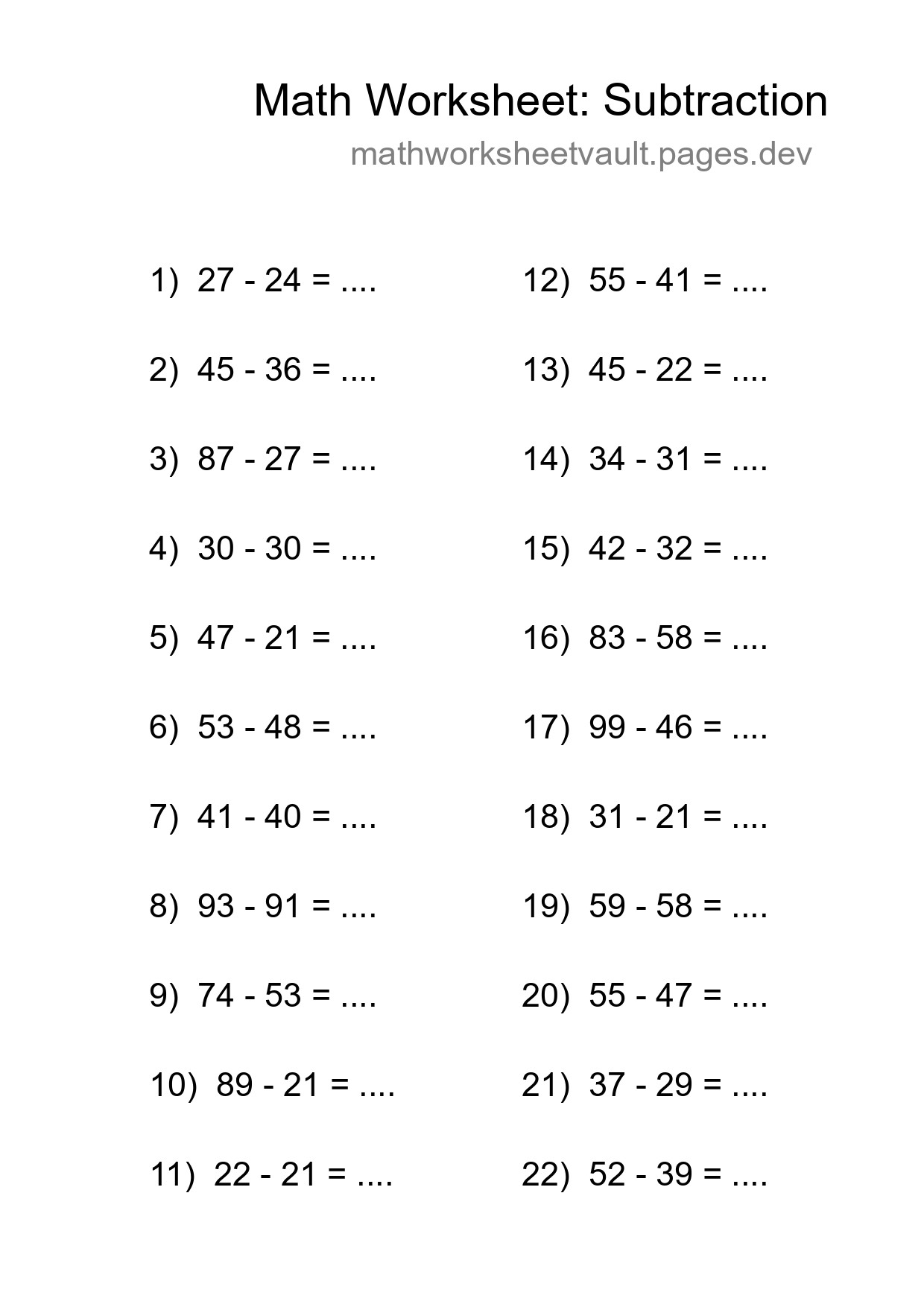 Printable Free 22 Subtraction Math Worksheet For Grade 3 - Part 298