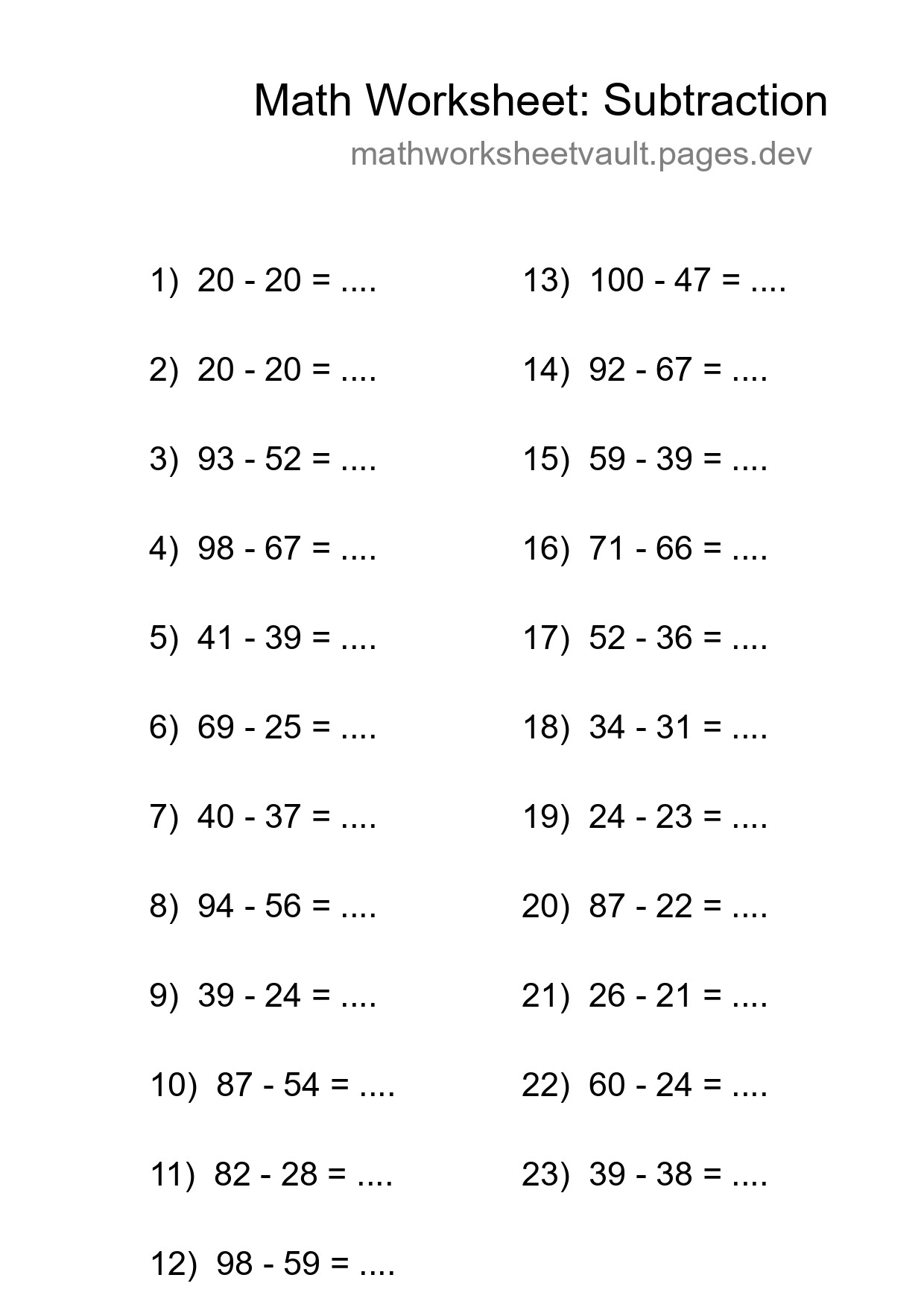 Printable Free 23 Subtraction Math Worksheet For Grade 3 - Part 258