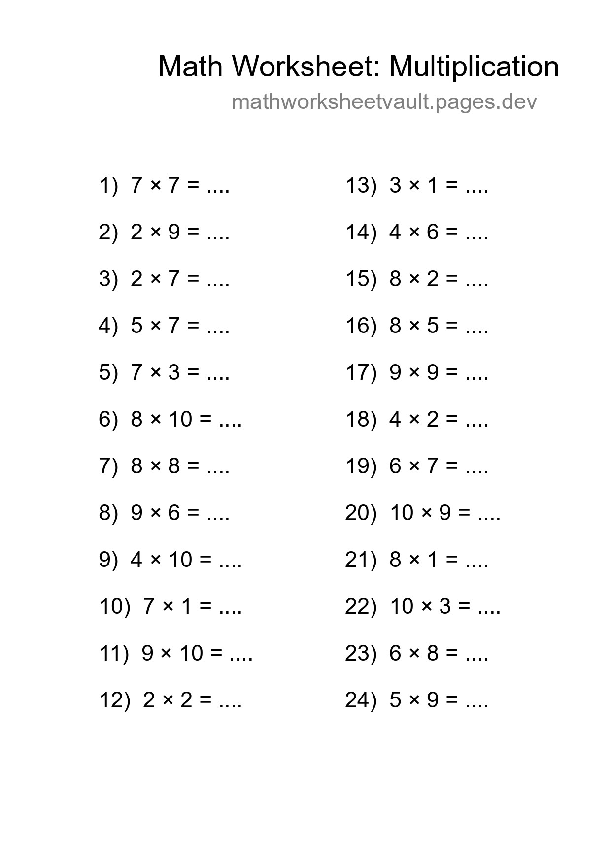Printable Free 24 Multiplication Math Worksheet For Grade 1 - Part 197
