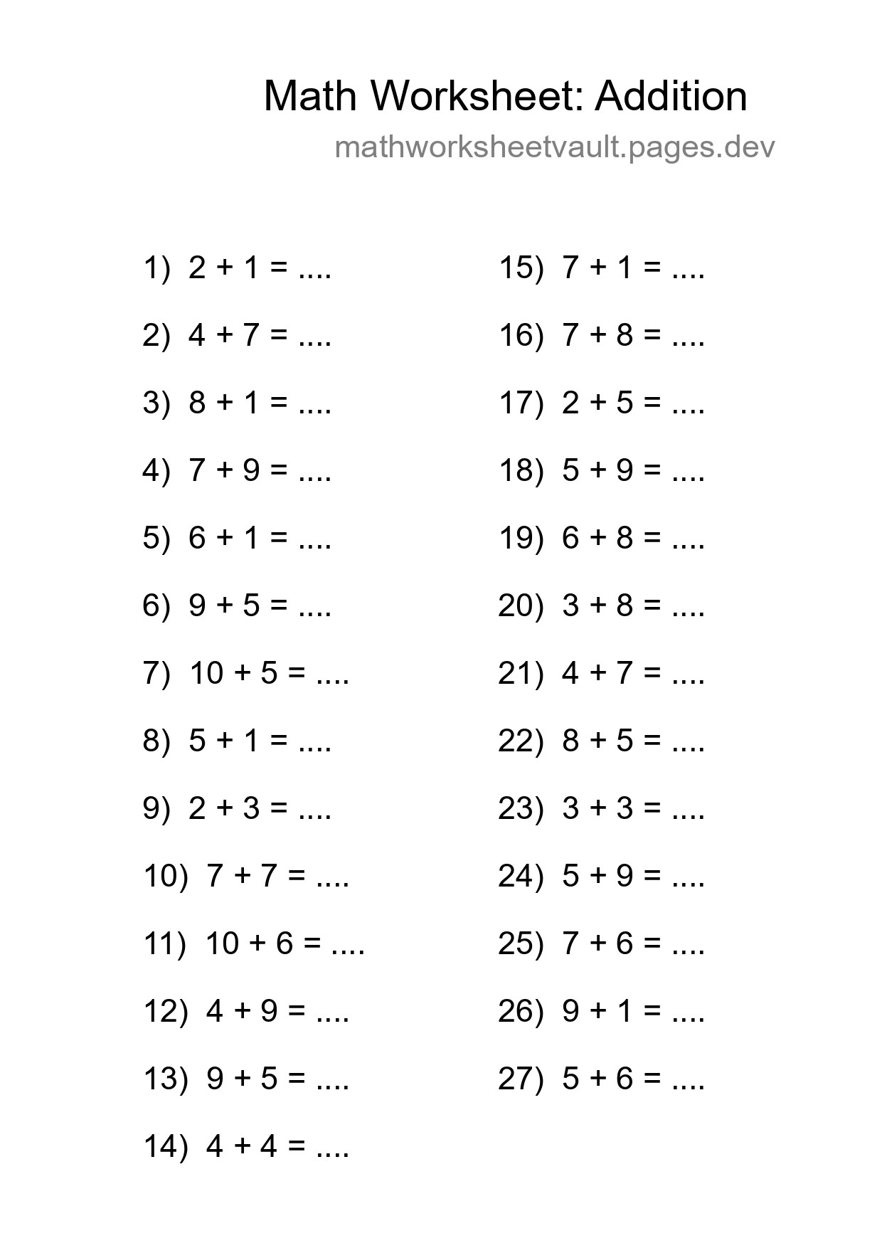 Printable Free 27 Addition Math Worksheet For Grade 1 - Part 111