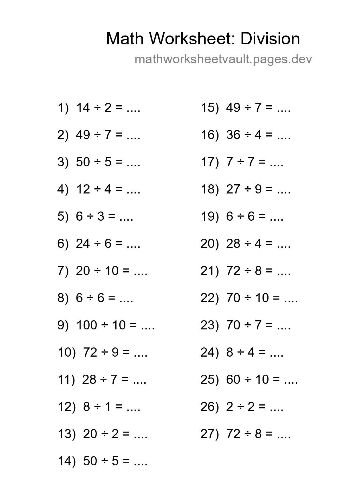 Printable Free 27 Division Math Worksheet For Grade 1 - Part 134