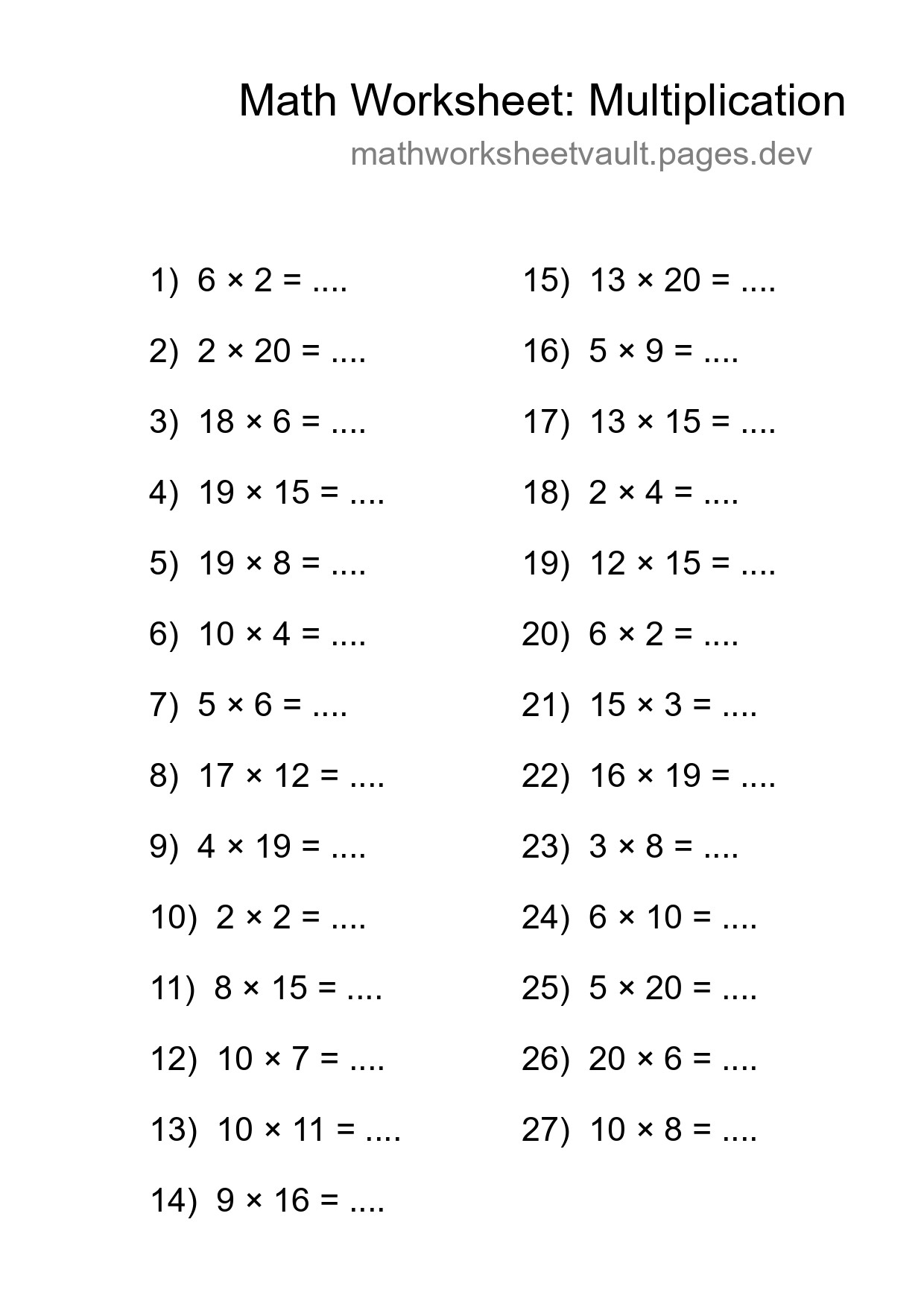 Printable Free 27 Multiplication Math Worksheet For Grade 2 - Part 127