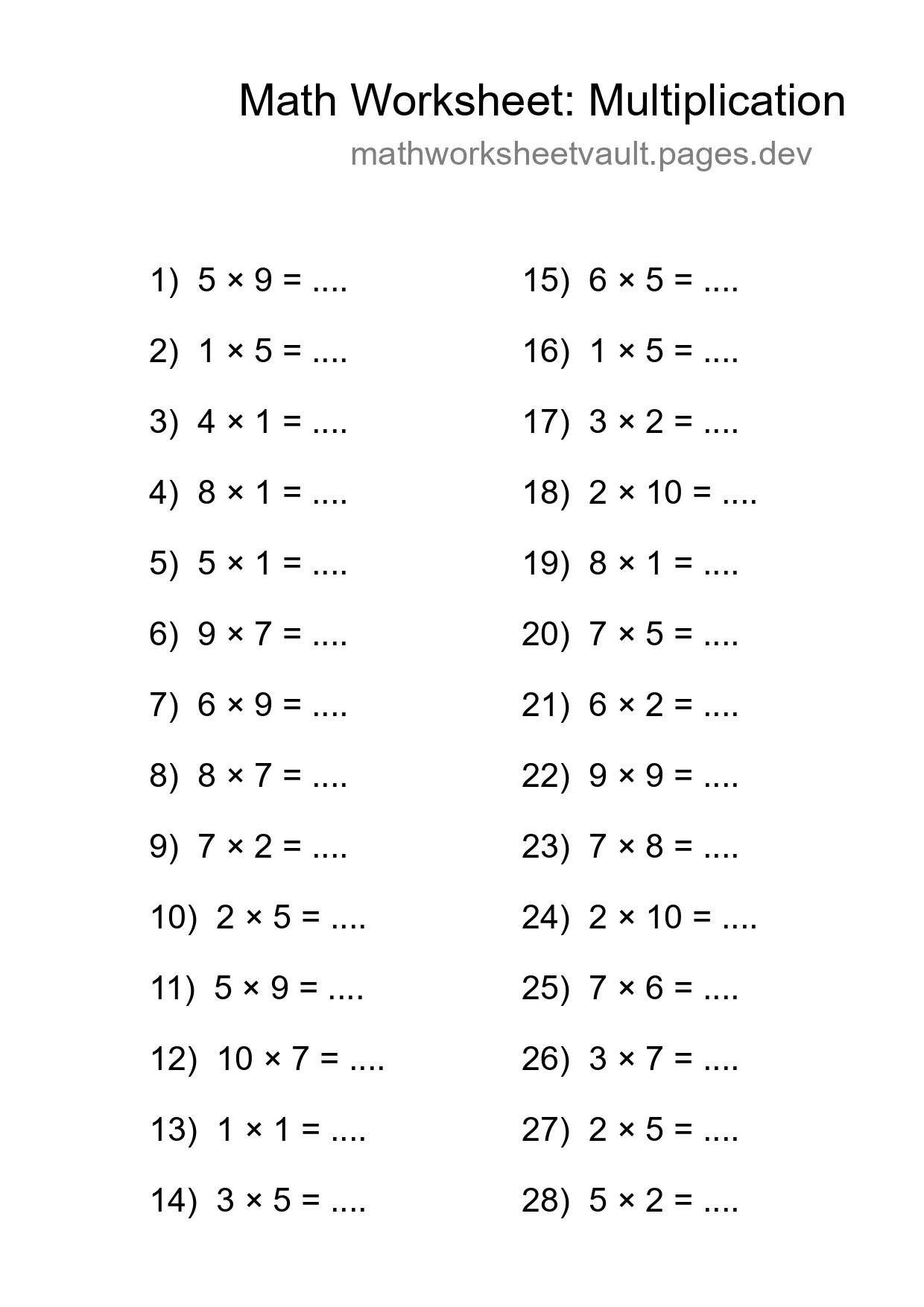 Printable Free 28 Multiplication Math Worksheet For Grade 1 - Part 217