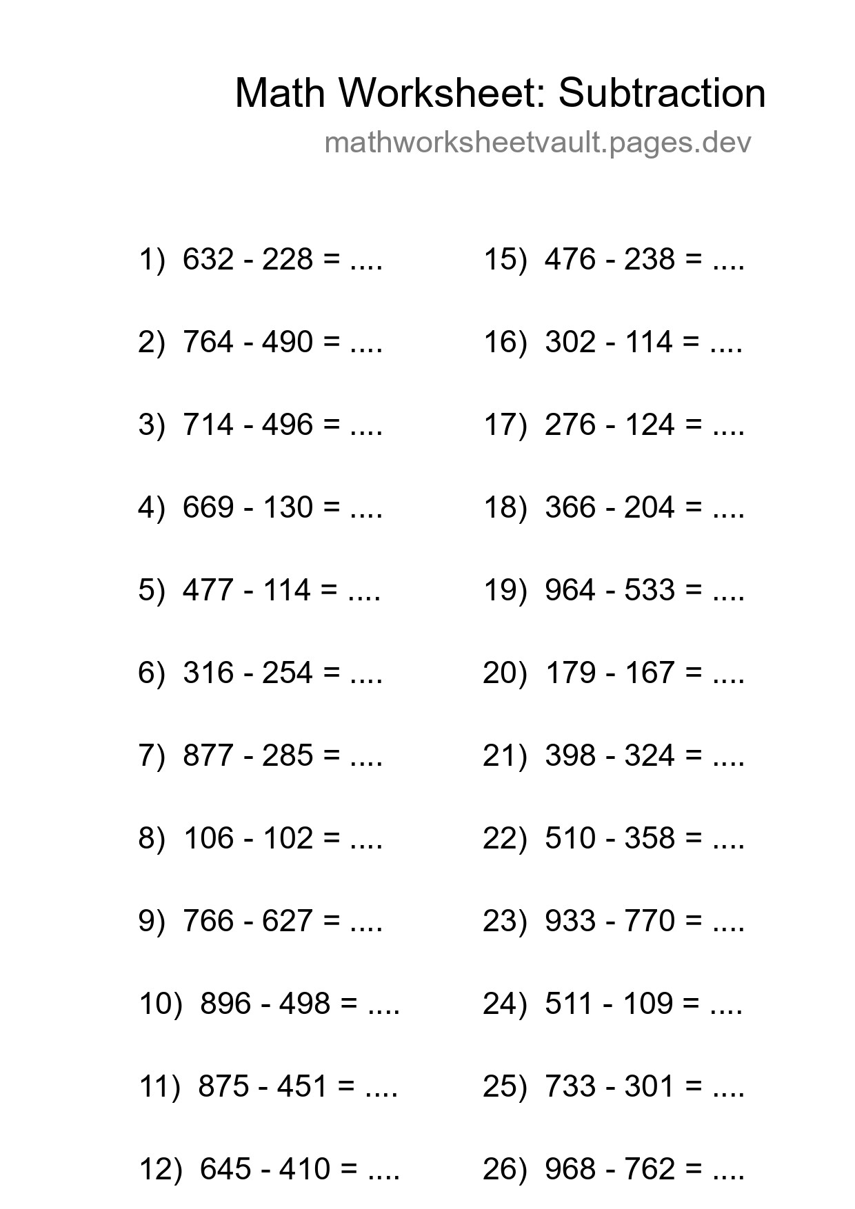 Printable Free 28 Subtraction Math Worksheet For Grade 5 - Part 148