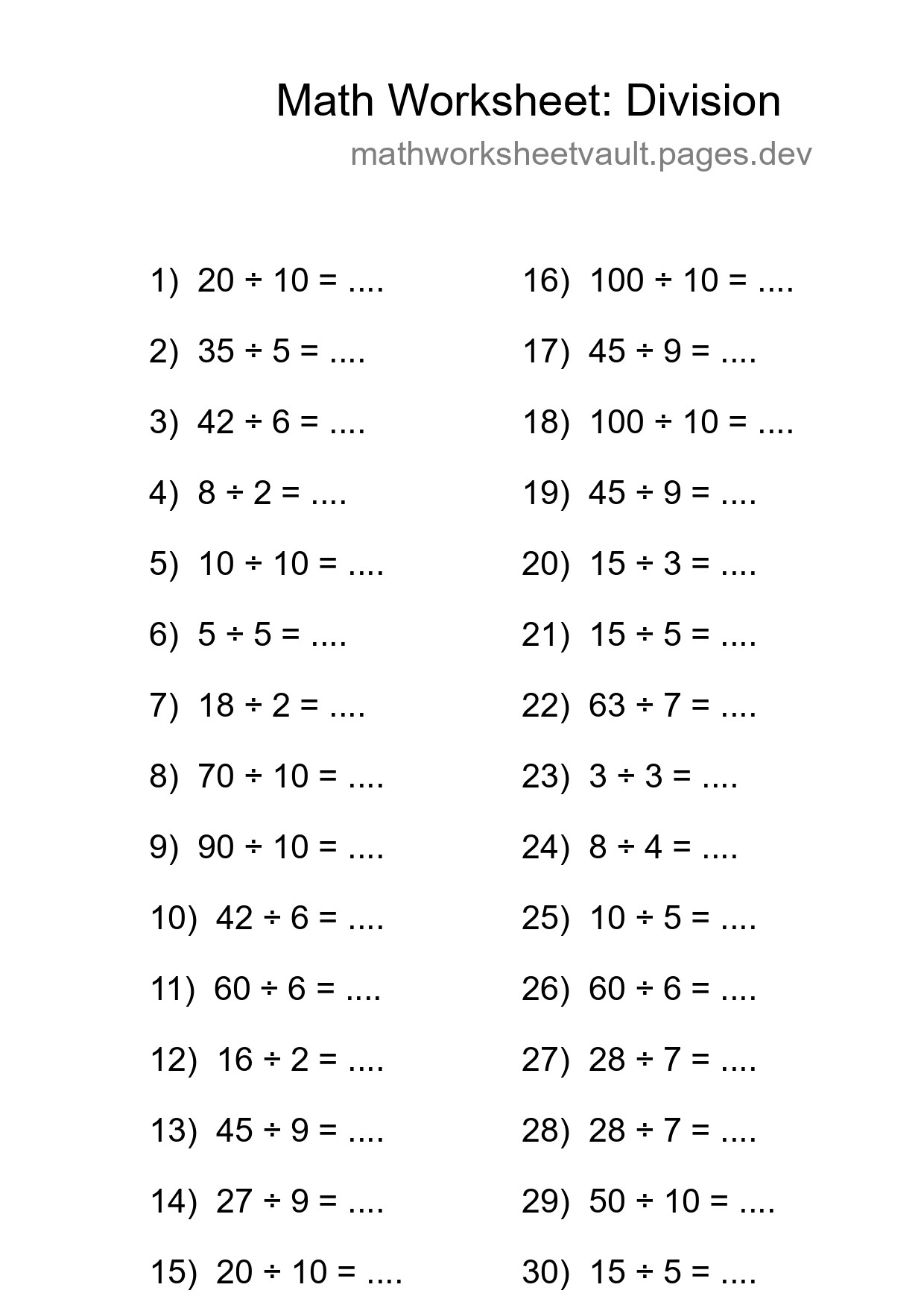 Printable Free 30 Division Math Worksheet For Grade 1 - Part 254
